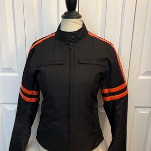 Chic Black Leather Jacket with Orange Stripes